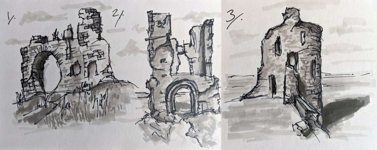 Sketches of proposed ruins