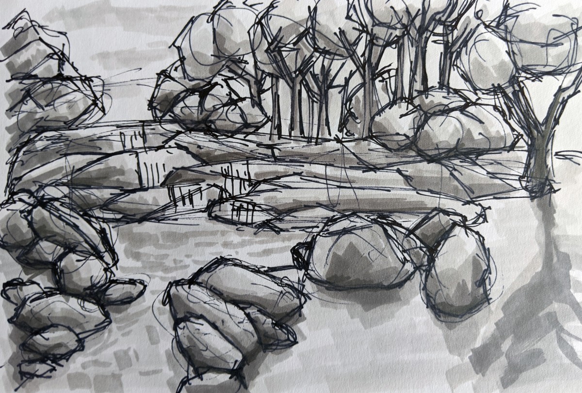 Initial sketch looking towards the waterfall